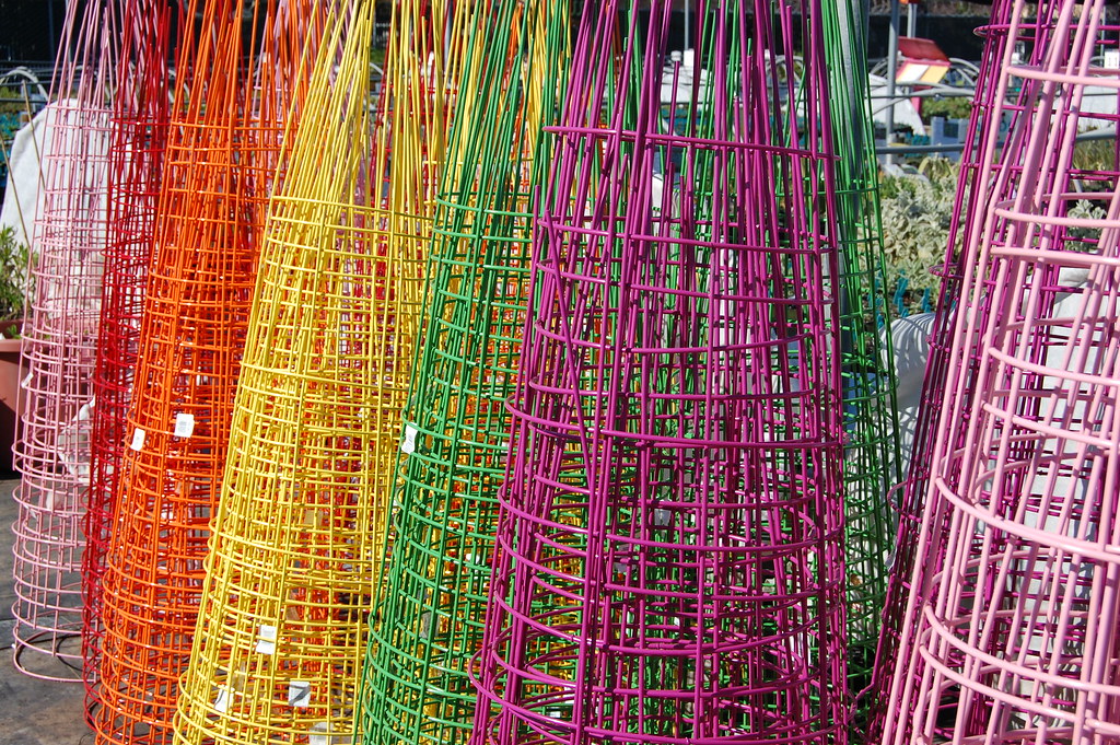 Tomato Cage Christmas Trees start here: a rainbow of colorful wire tomato cages