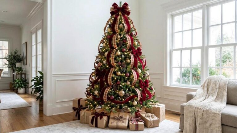 Ribbon Christmas tree with red velvet and gold plaid waterfall ribbons in a bright living room
