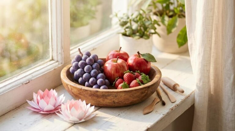Realistic clay crafts fruit bowl with clay grapes, red apples and strawberries beside paper lotus flowers on a sunny windowsill