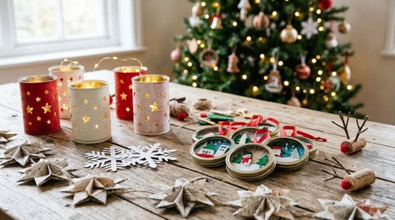 Recycled Christmas decorations on a farmhouse table: tin can lanterns, jar lid ornaments, cardboard snowflakes and newspaper stars