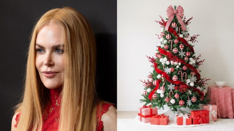 Red and white Christmas decor beside Nicole Kidman, with a tree in striped ornaments, a striped bow and red ribbon