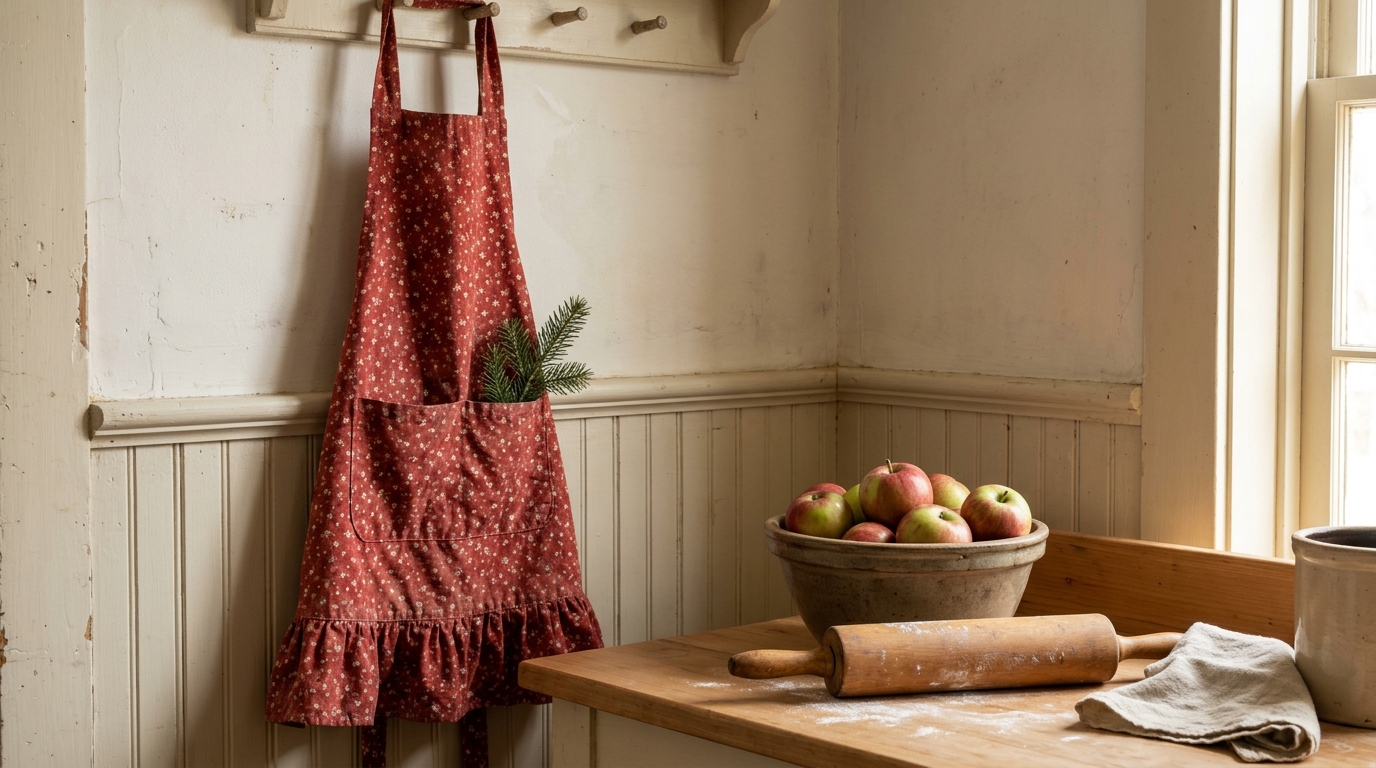Laura Ingalls Wilder style red calico apron hanging in a farmhouse kitchen