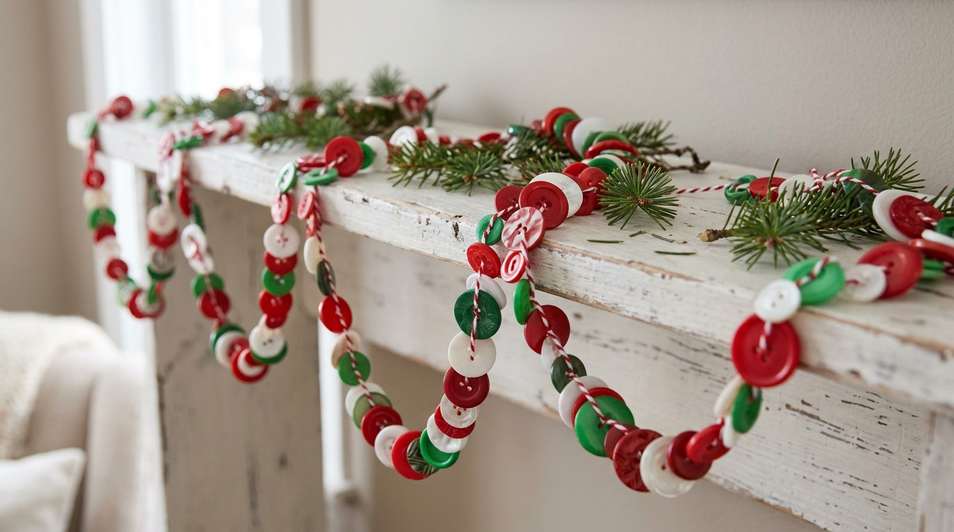 Red, white and green button garland draped on a white shelf