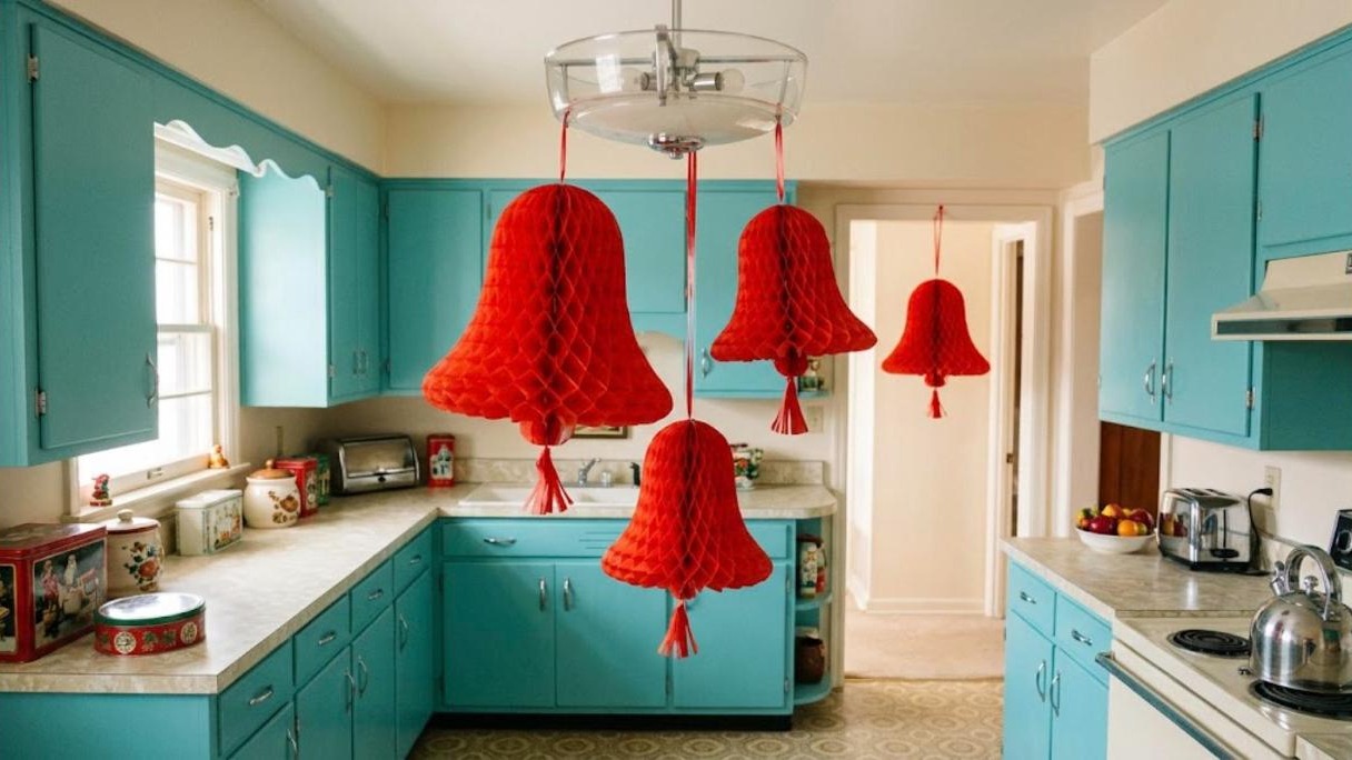 Red tissue paper honeycomb bells hanging in a retro turquoise kitchen