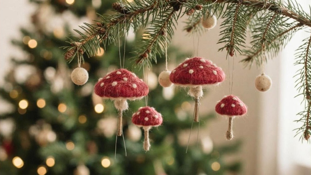 Red and white dotted mushroom ornaments and cream wool balls hanging from an evergreen branch