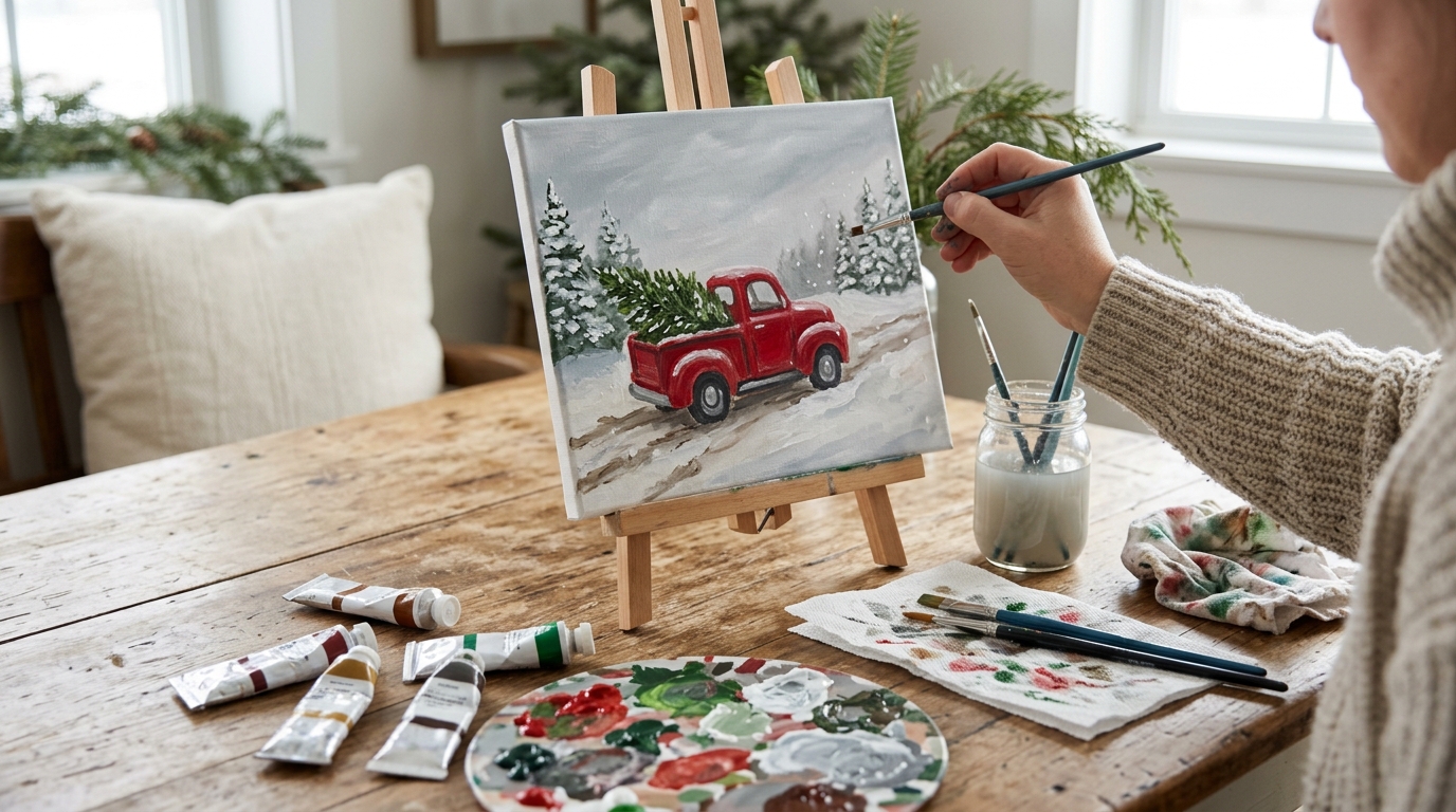 Red Truck Christmas Decor canvas painting of a red truck carrying a tree on a snowy road, on a table easel