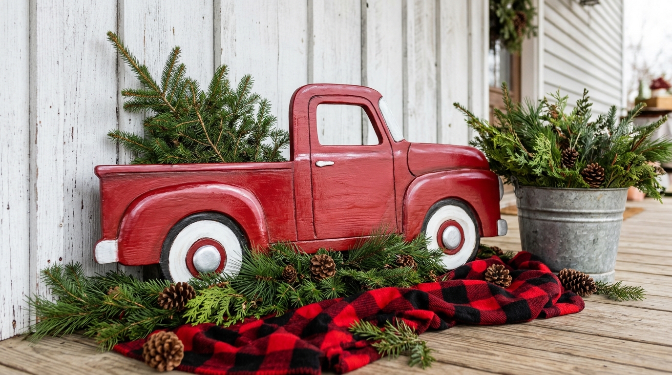 Red Truck Christmas Decor porch sign: a painted red wooden truck cutout filled with pine boughs beside a buffalo plaid blanket and a galvanized bucket