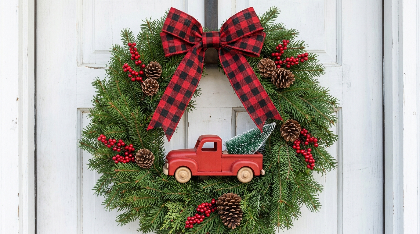 Evergreen wreath with a little toy pickup and a buffalo plaid bow on a white door