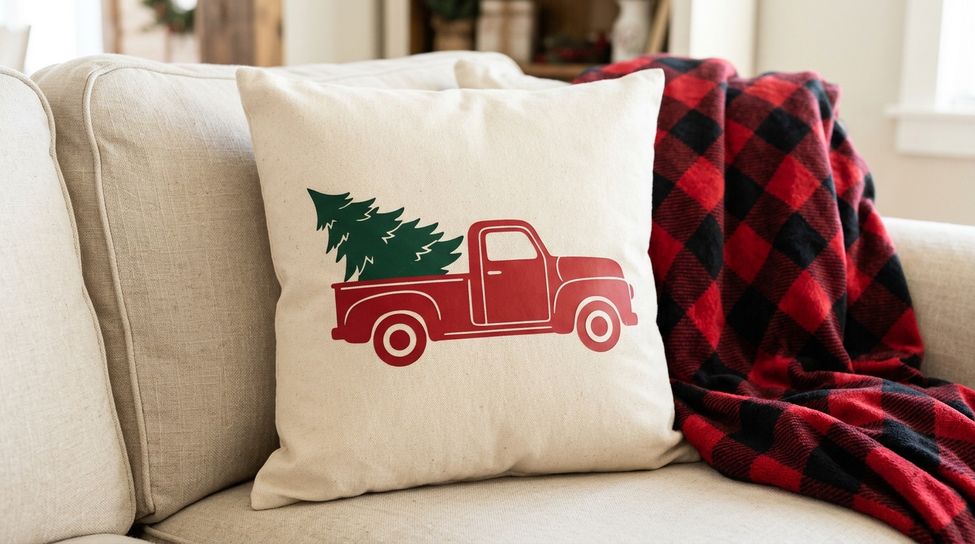 Red Truck Christmas Decor pillow with an iron on red truck and green tree on a cream cover