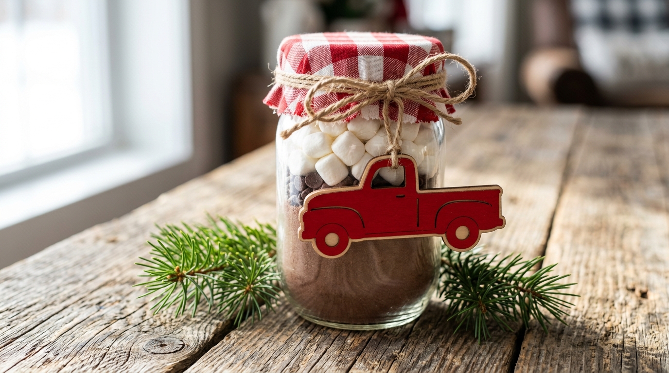 Mason jar of cocoa mix and marshmallows with a plaid fabric lid and a wooden pickup tag