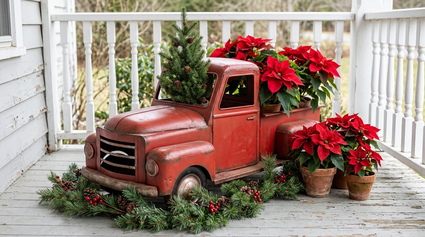 Red truck plant stand on a porch holding a dwarf evergreen and red poinsettias