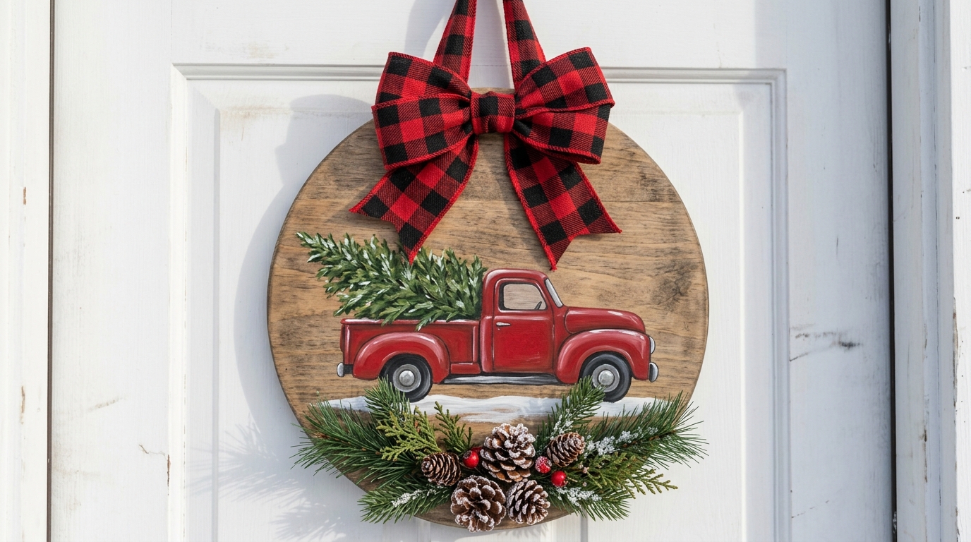 Round wooden door hanger painted with a red truck and tree with a buffalo plaid bow
