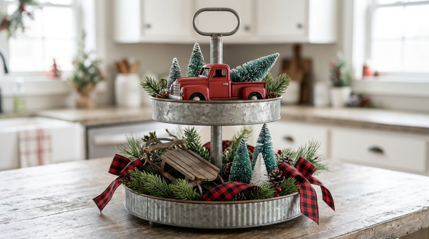 Galvanized tiered tray with a toy pickup, bottle brush trees and a mini sled
