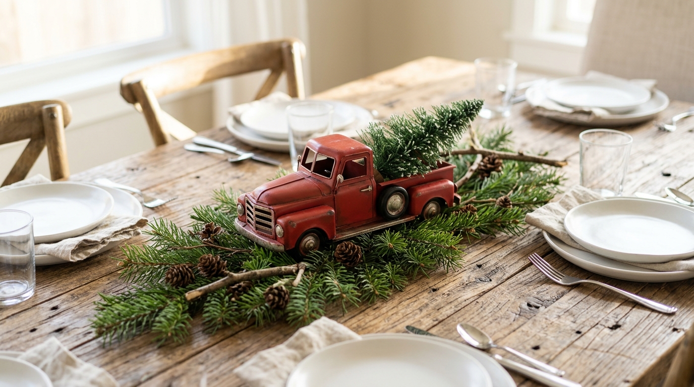 Taylor Swift Christmas table with a red toy truck carrying a tiny tree