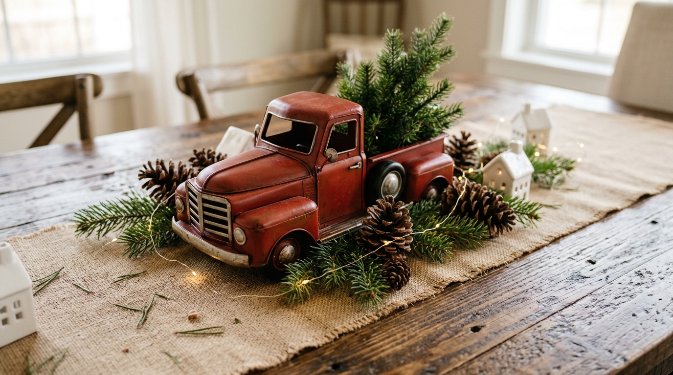 Red Truck Christmas Decor centerpiece with a red metal toy truck carrying a small evergreen on a burlap runner