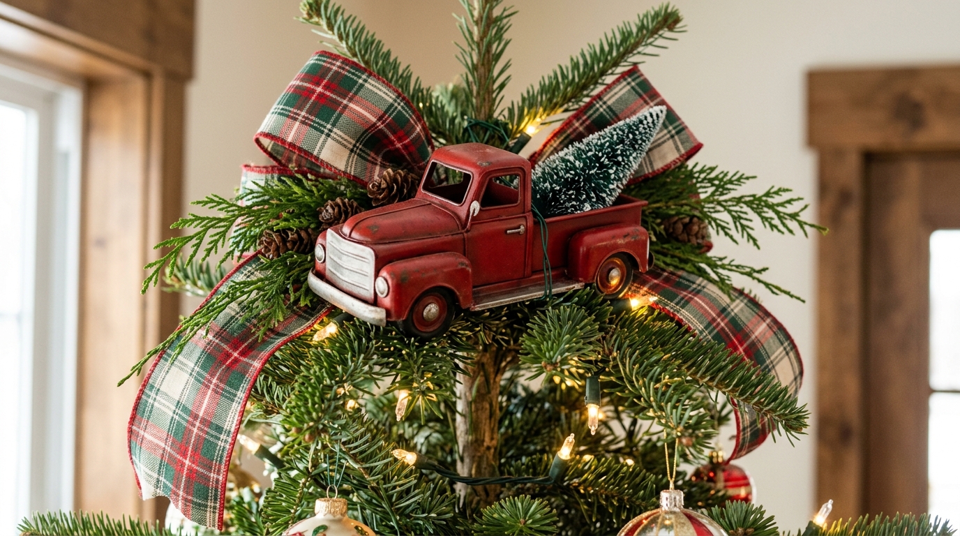 Small toy pickup wired on top of a decorated tree with a plaid ribbon fan