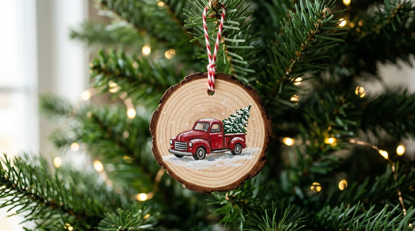 Wood slice ornament painted with a little pickup, hanging on an evergreen tree