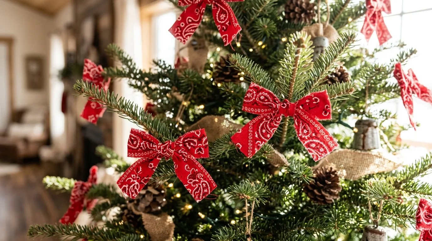 Close up of a Christmas tree decorated with small bows tied from red paisley bandana fabric and tiny white lights