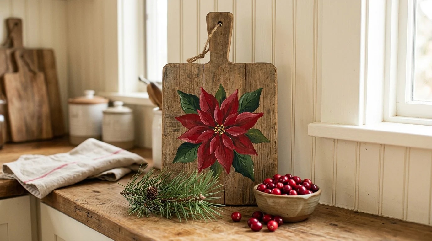 Wooden cutting board hand painted with a red poinsettia propped on a kitchen counter with pine and cranberries