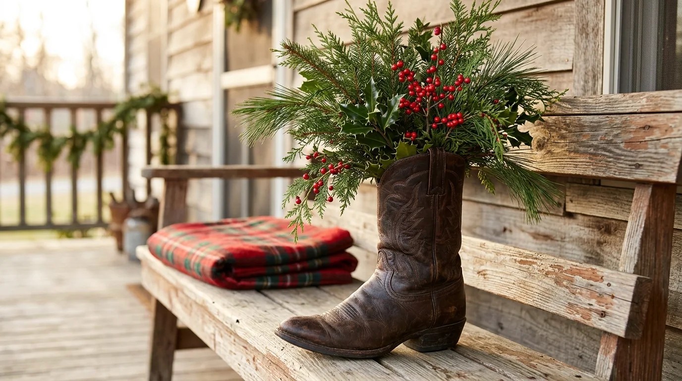 Ree Drummond Christmas porch idea: an old leather cowboy boot used as a vase with holly and pine on a wooden bench