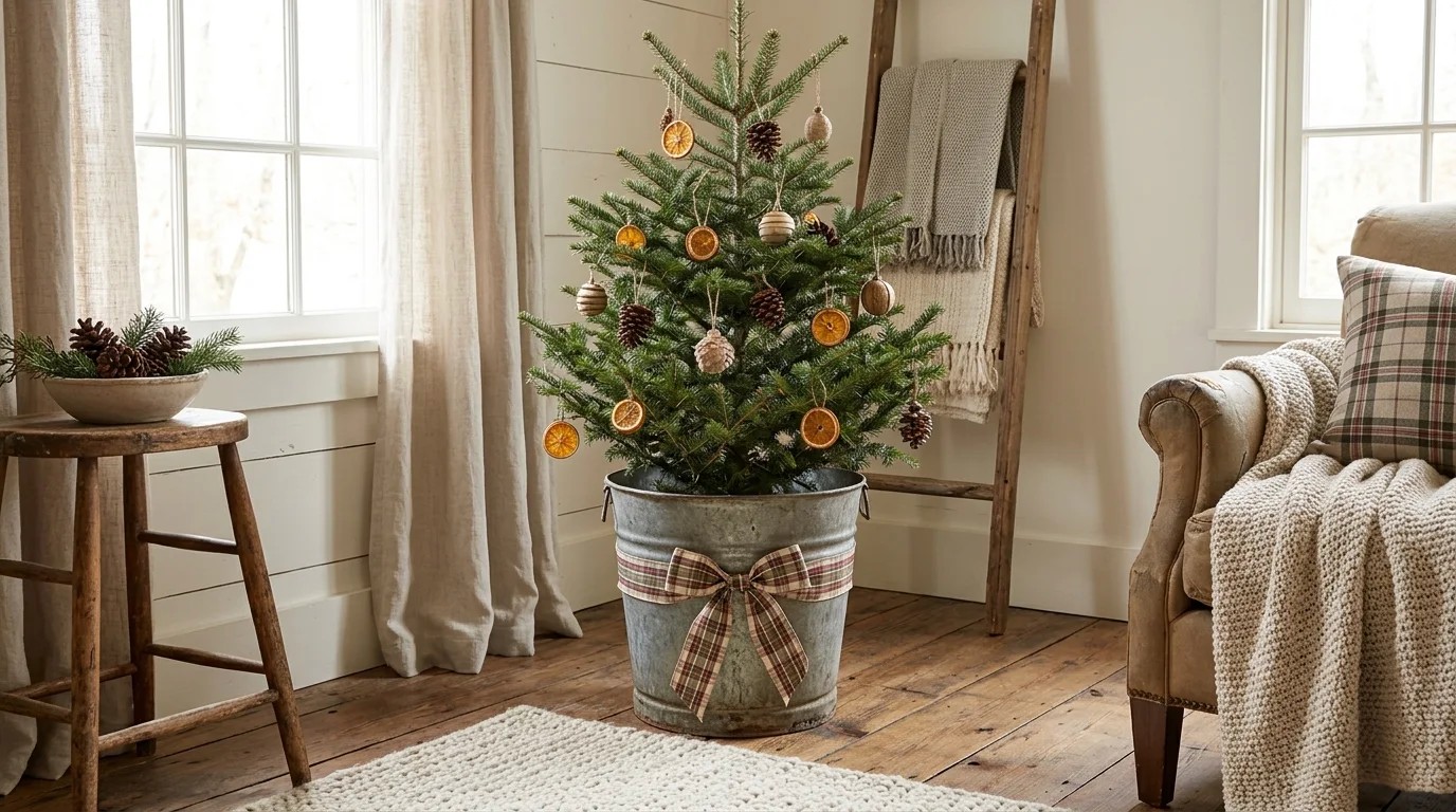 Small Christmas tree standing in a galvanized metal bucket wrapped with a plaid ribbon bow in a farmhouse living room