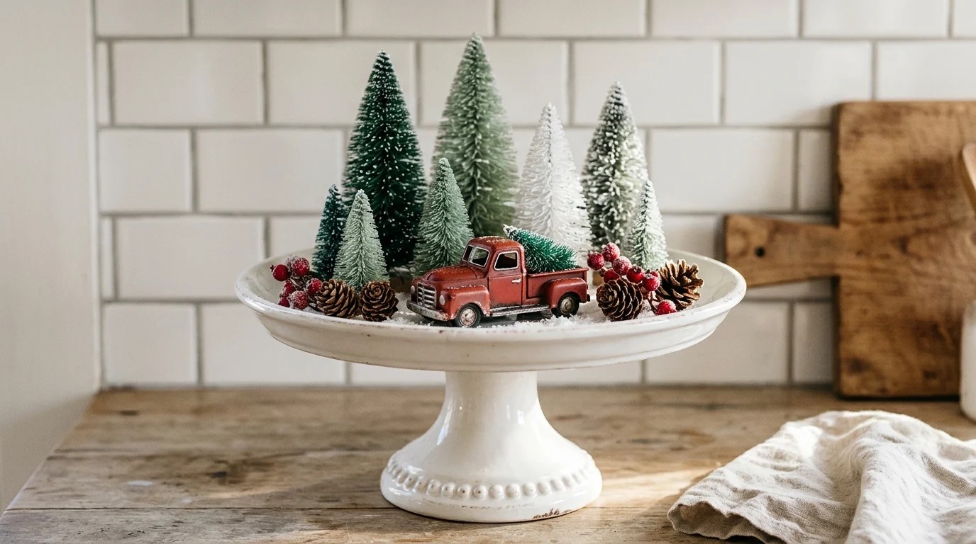 White vintage cake stand holding small bottle brush trees, pine cones, red berries and a tiny red toy truck on a kitchen counter