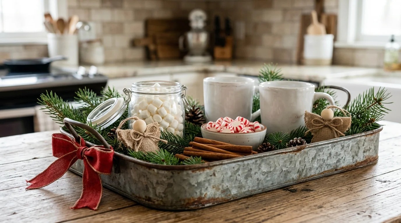 Ree Drummond Christmas treat idea: a tin tray hot cocoa station with mugs, marshmallows, peppermints, cinnamon sticks, pine and a red bow