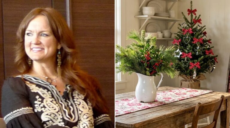 Ree Drummond Christmas: Ree Drummond portrait beside a ranch style kitchen corner with an enamel pitcher of greenery and a small tree with red bows