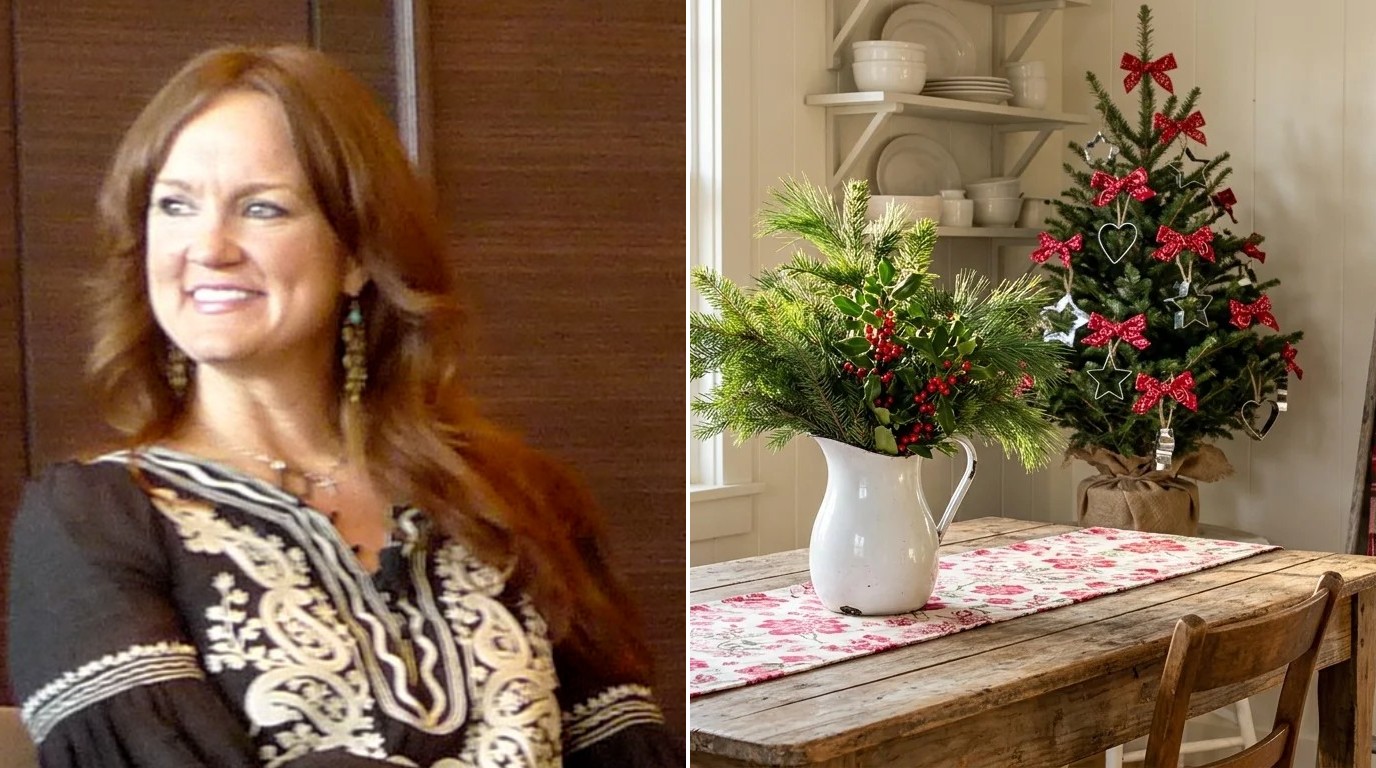 Ree Drummond Christmas: Ree Drummond portrait beside a ranch style kitchen corner with an enamel pitcher of greenery and a small tree with red bows