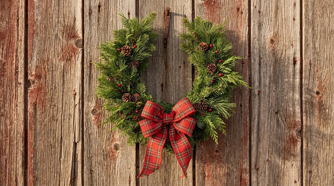 Horseshoe shaped wreath of fresh pine branches with pine cones and a red plaid bow on a weathered barn wall