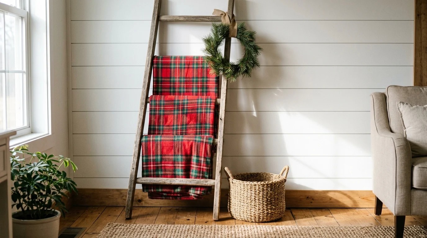 Rustic wooden blanket ladder against a white shiplap wall with red plaid flannel blankets and a small pine wreath