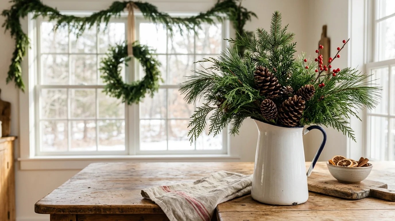 White enamelware pitcher with a blue rim full of pine branches, cedar and pine cones on a wooden table