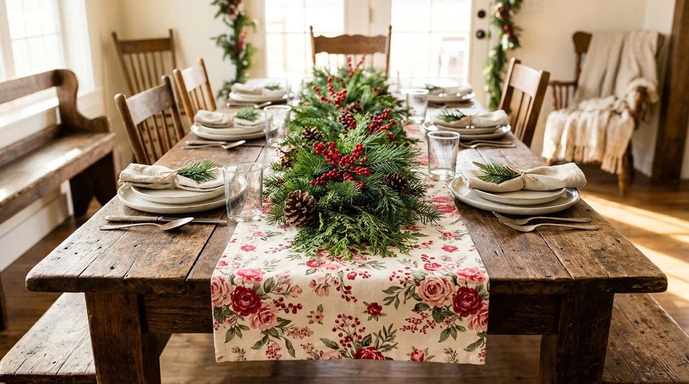 Ree Drummond Christmas table with a handmade red and pink floral fabric runner, pine garland and white plates