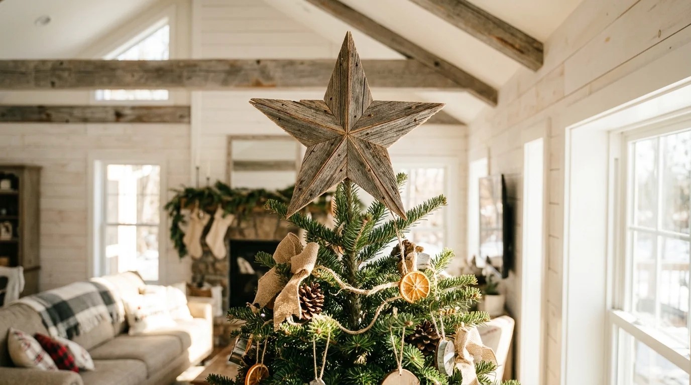 Ree Drummond Christmas tree topper: a rustic five point star made from weathered barn wood on top of a tree