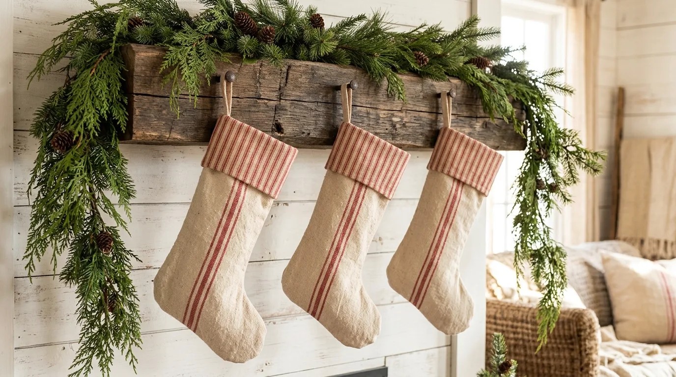 Ree Drummond Christmas mantel with three homemade feed sack style stockings with red stripes hanging under a pine garland