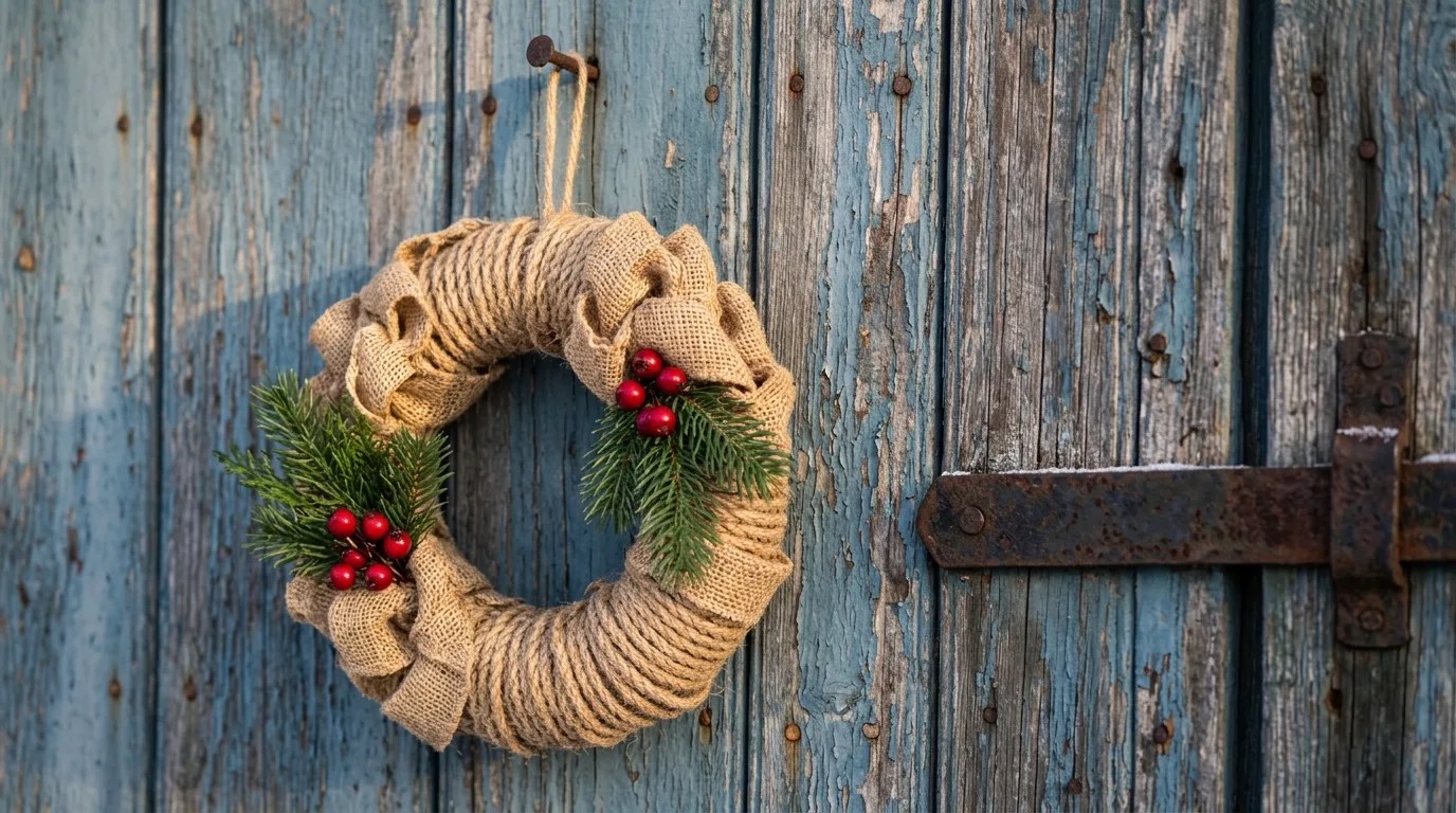 Handmade wreath of jute rope coils and burlap loops with pine sprigs and red berries on a blue barn door