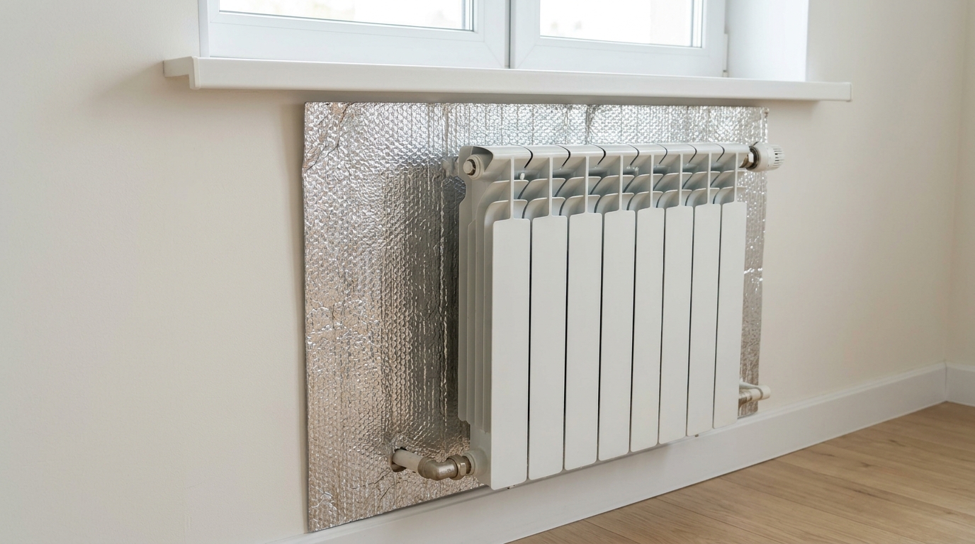 Benjamin Franklin winter hacks: a reflective foil panel behind a white radiator