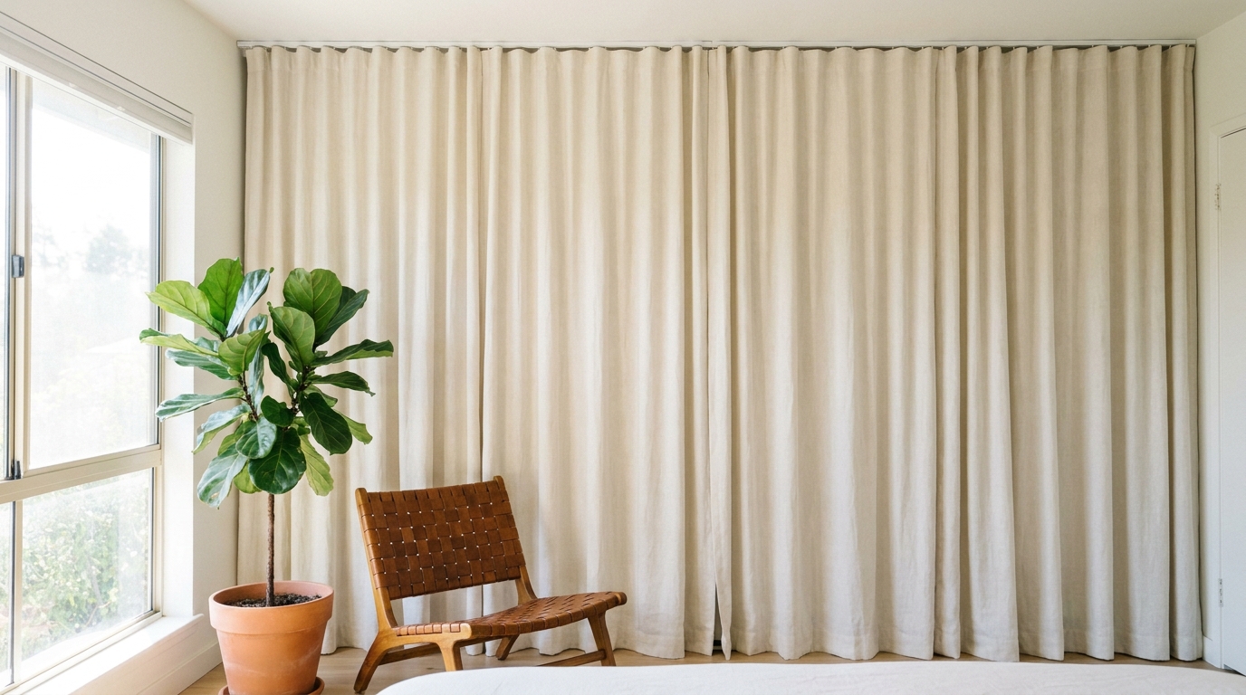 Floor to ceiling cream linen curtains on a ceiling track covering closet doors