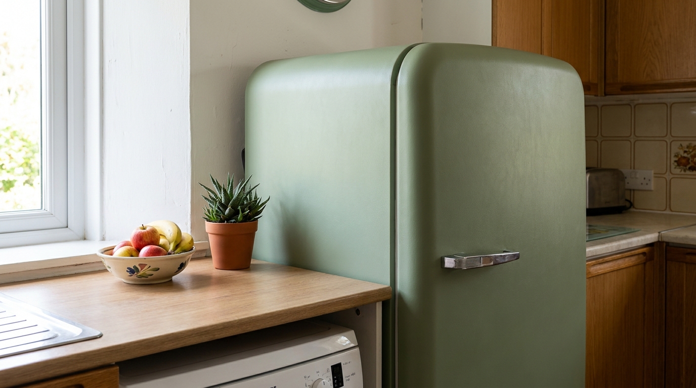 Older refrigerator covered in a soft sage green vinyl wrap in a small rental kitchen