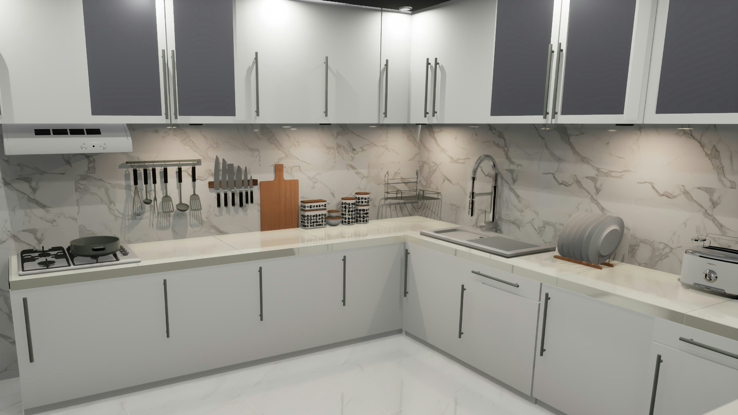Renter friendly upgrades kitchen with marble look counter tops and white cabinets