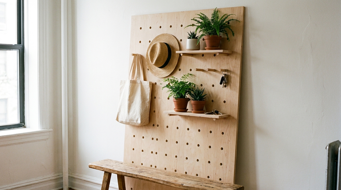 Freestanding wooden pegboard leaning against a wall holding a tote, a hat and small plant shelves