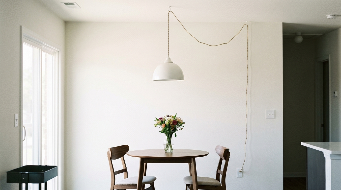 Plug in pendant light with a white dome shade swagged from a ceiling hook over a small dining table