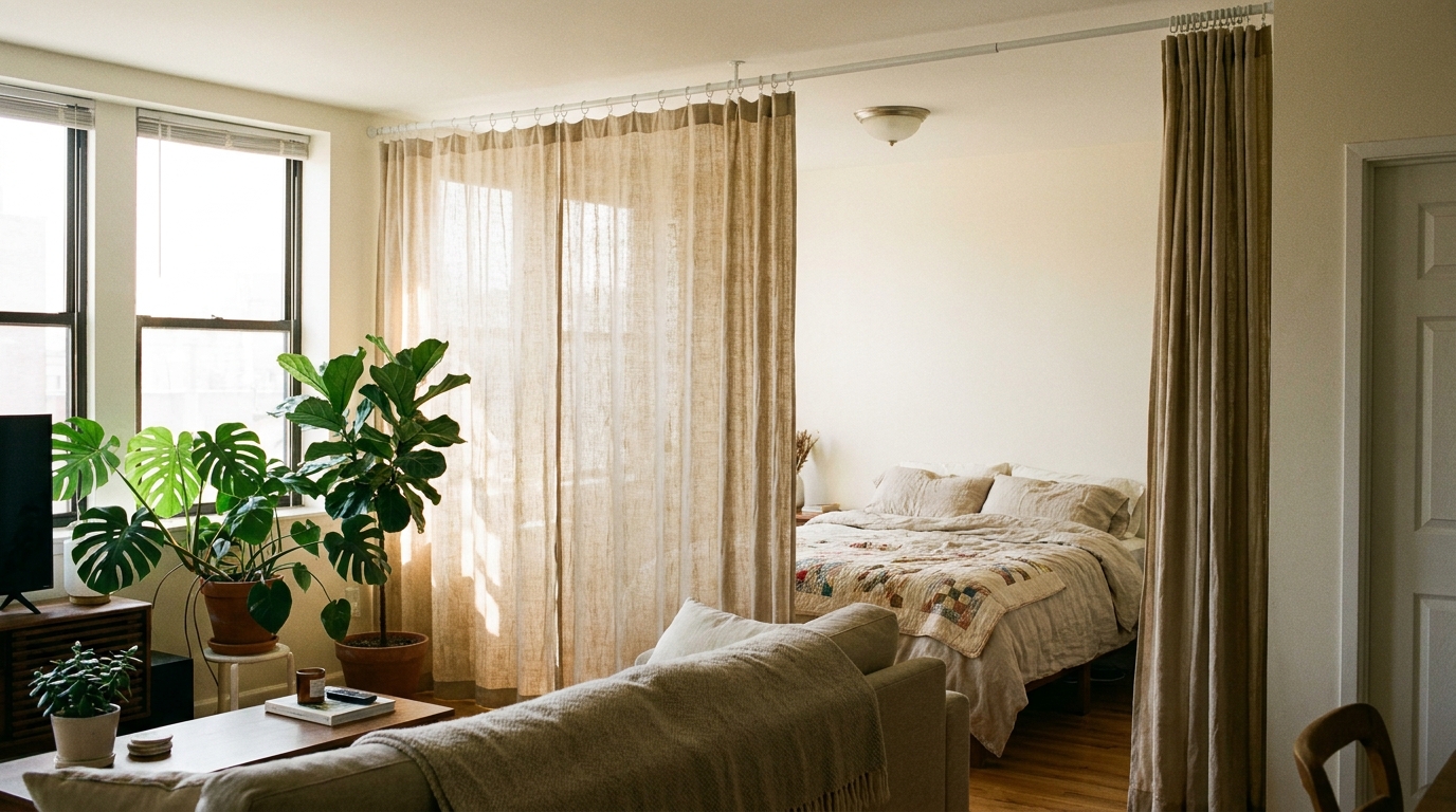 Renter friendly upgrades: linen curtain on a ceiling tension rod dividing the bed area in a studio apartment