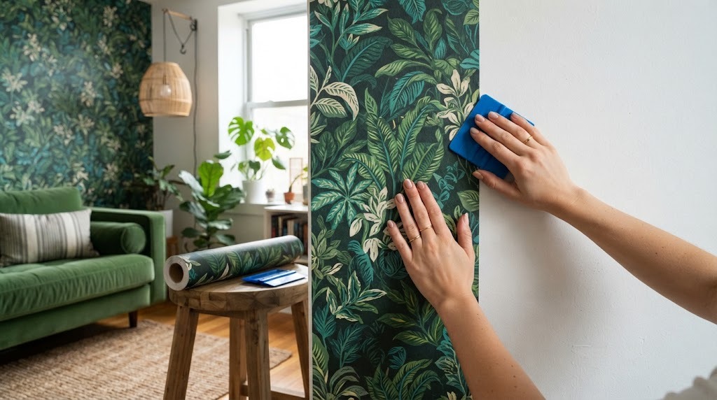 Renter friendly upgrades: hands smoothing green botanical peel and stick wallpaper onto a living room wall