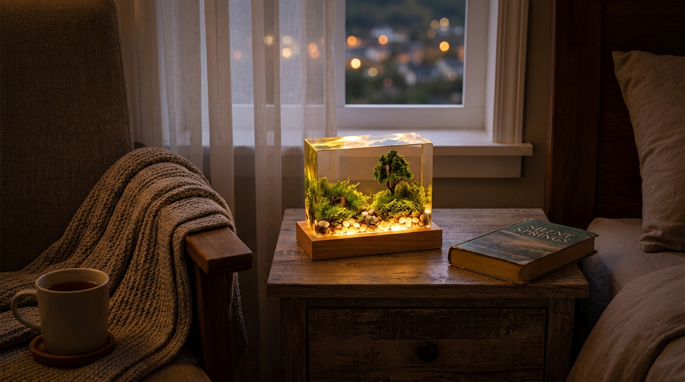 Clear resin block with green moss and a tiny tree glowing on an LED wood base on a nightstand