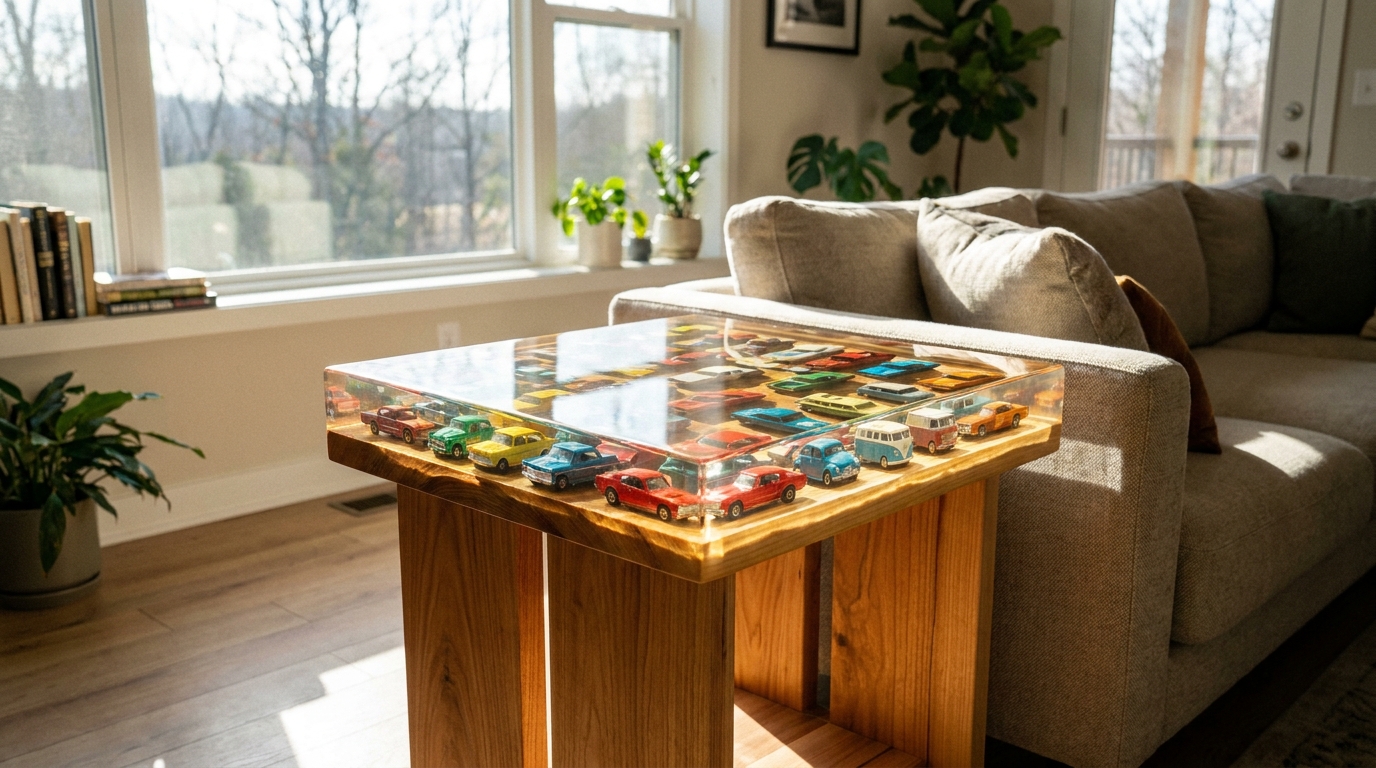 Wooden side table with a clear epoxy resin top holding colorful vintage toy cars inside