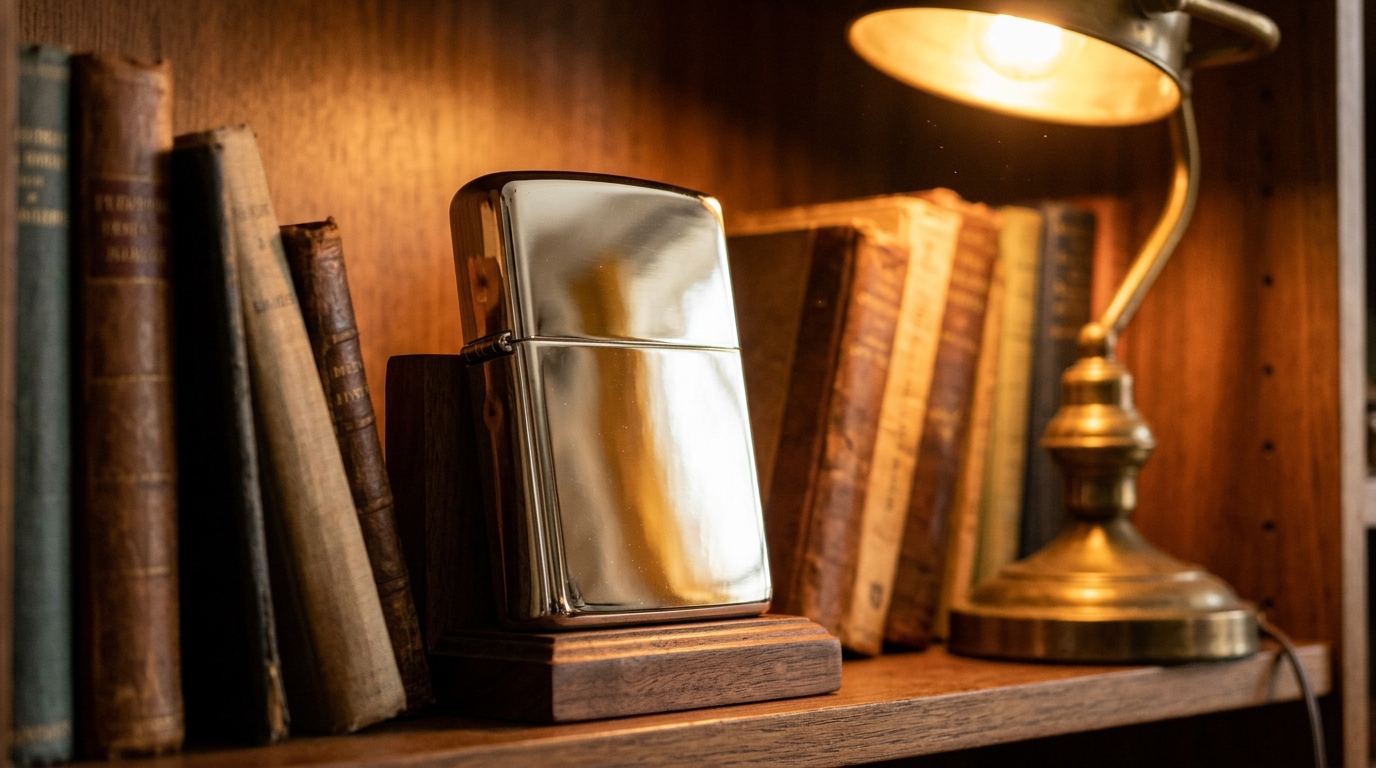 Giant lighter restoration finished: a mirror polished oversized lighter displayed on a bookshelf stand