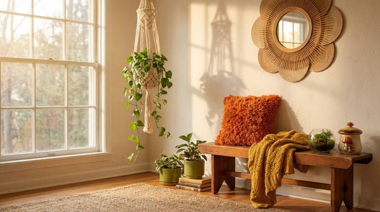 Retro 70s decor corner with a macrame plant hanger, rattan flower mirror and orange shag pillow