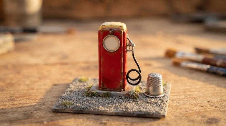 Retro gas pump miniature in red and yellow on a gravel base beside a thimble
