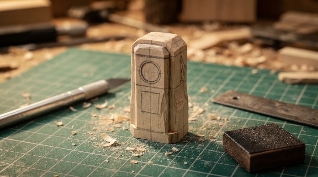 Basswood block cut into the shape of a tiny pump body on a cutting mat